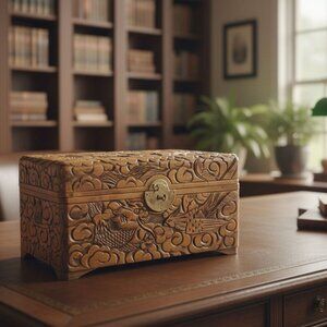 Vintage Asian Hand-Carved Camphor Wood Storage Box Chest Trunk Relief Sculpture